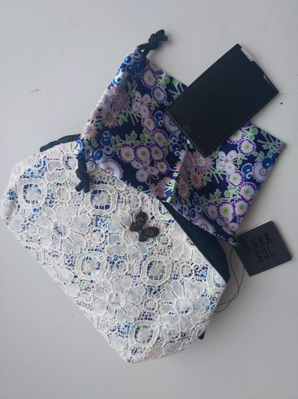 Anna Sui Navy Floral Satin Mirror Drawstring Pouch with Cosmetic Bag set